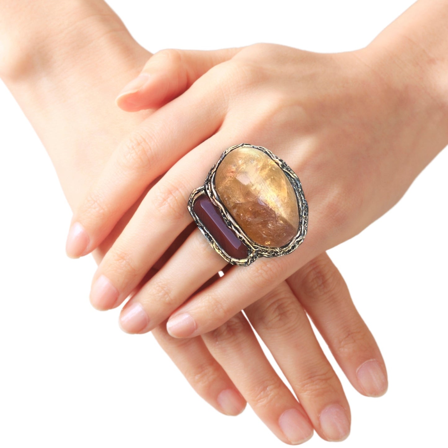 Chunky Citrine & Carnelian Ring, Large Statement Crystal Ring