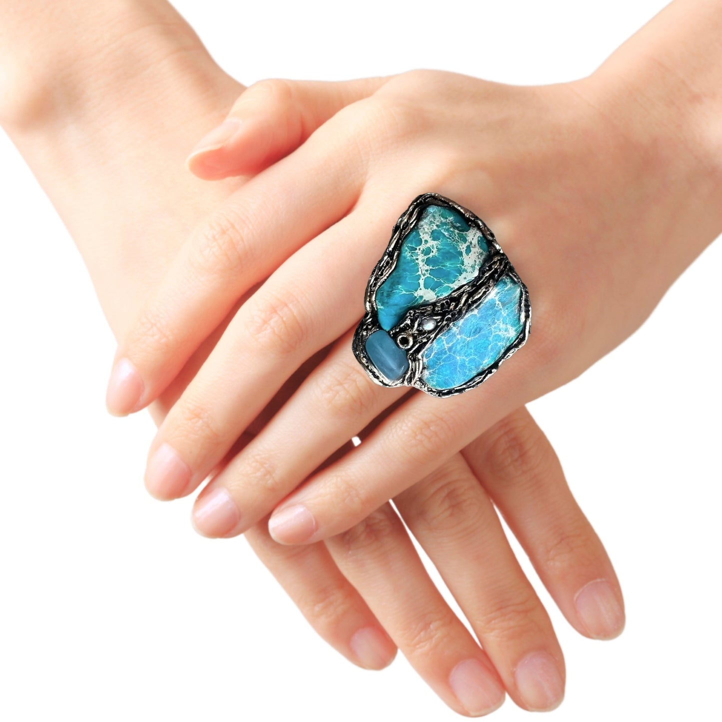 Chunky Turquoise Jasper Chalcedony Ring, Boho Cocktail Ring, Gift for Her
