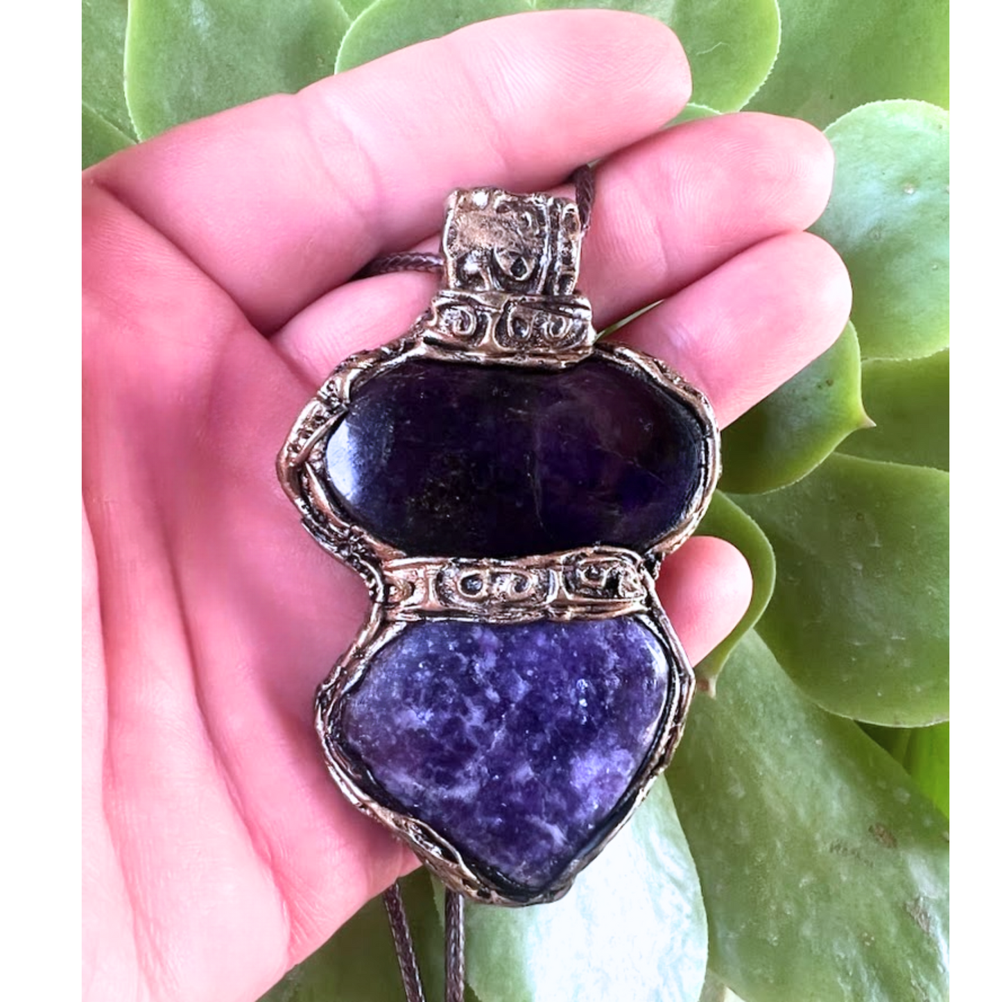 Lepidolite and Purpurite Gemstone Necklace with Large Purple Pendant