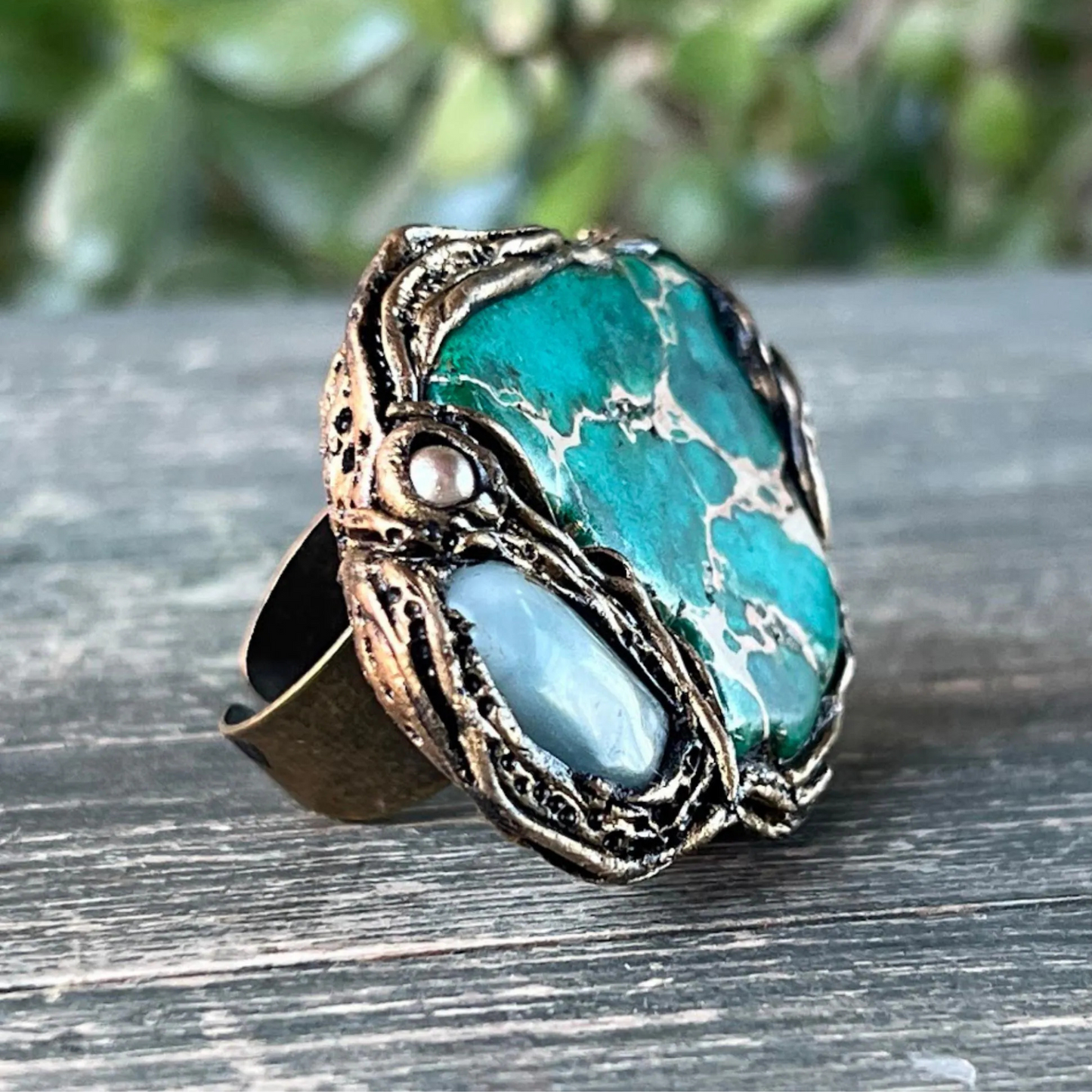 Bold Chunky Jasper Amazonite Ring - Statement Cocktail Jewelry
