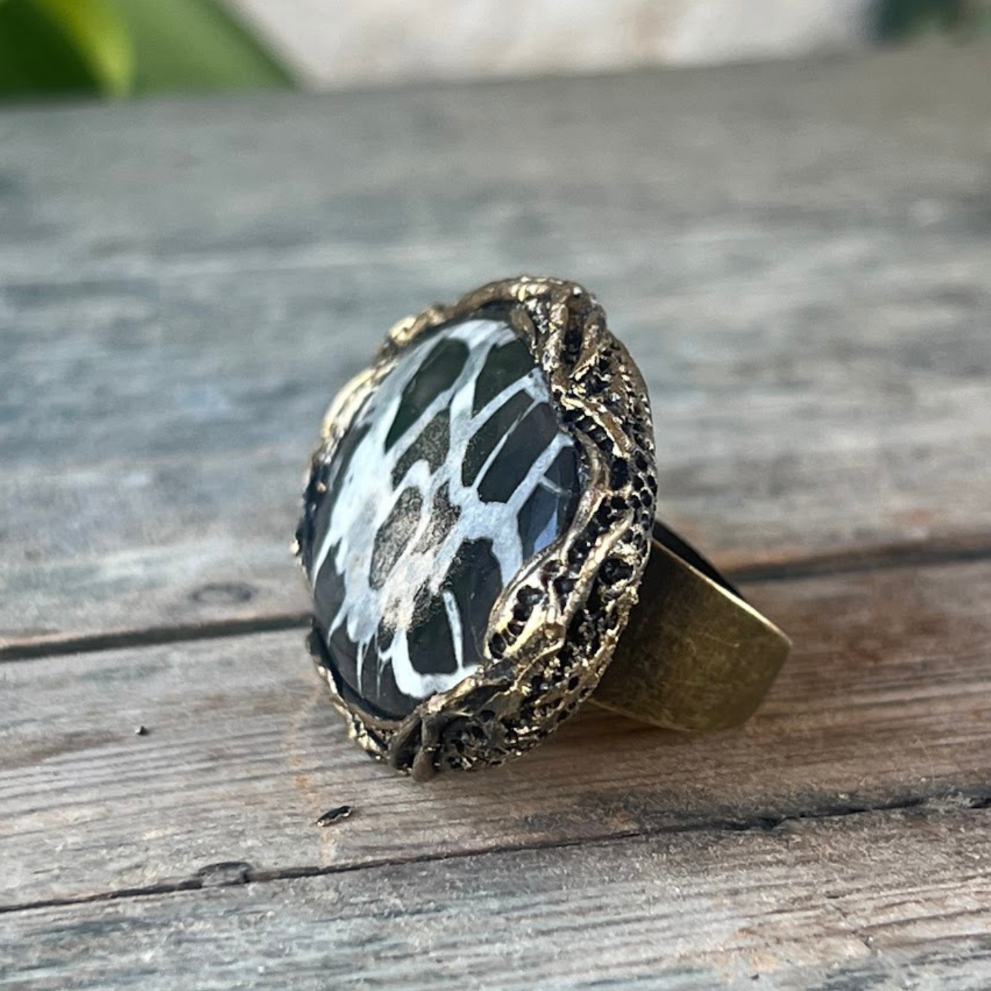 Statement Black Septarian Ring - Chunky Gemstone Cocktail Ring