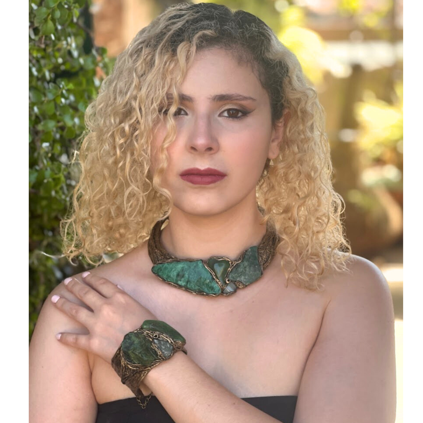 Green Gemstone Chunky Choker Collar Necklace | Aventurine & Buddstone Jewelry