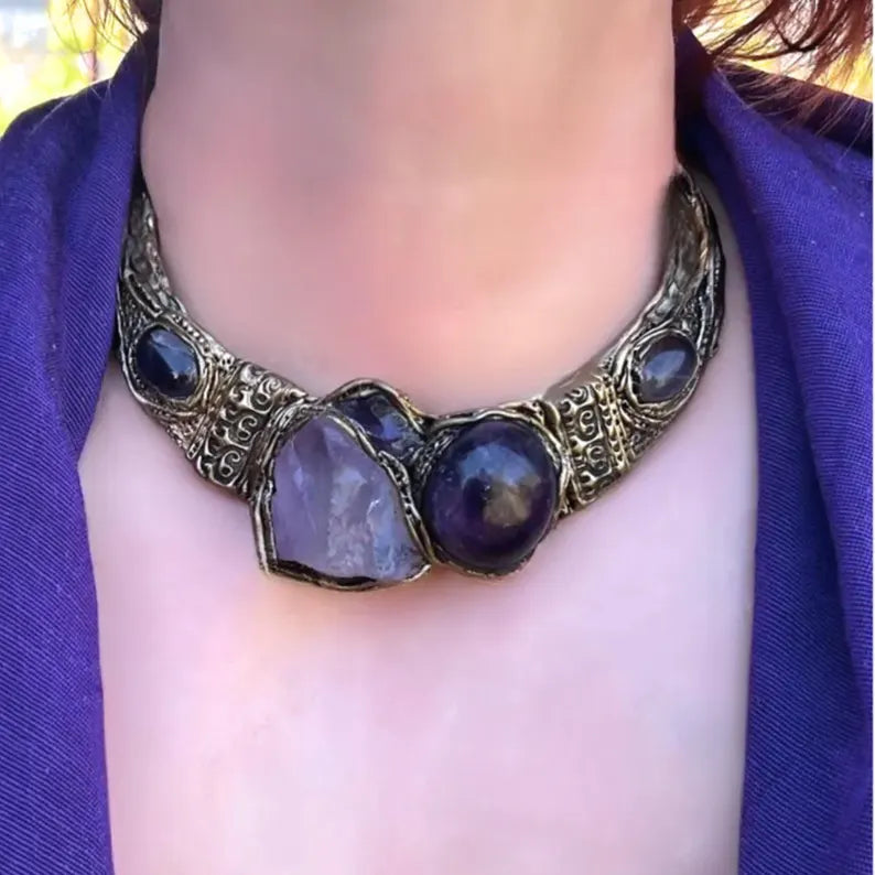 Amethyst Chunky Necklace - Boho Crystal Purple Jewelry, Unique Gift for Her