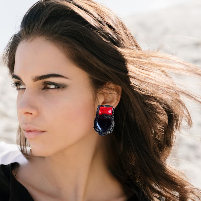 Statement Black Onyx and Red Coral Large Stud Earrings