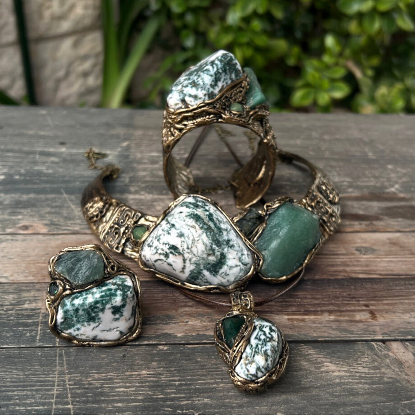 Tree Agate and Jade Pendant Necklace, Green Stone Amulet