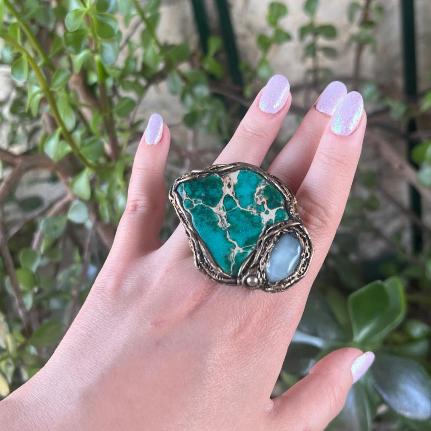 Bold Chunky Jasper Amazonite Ring - Statement Cocktail Jewelry