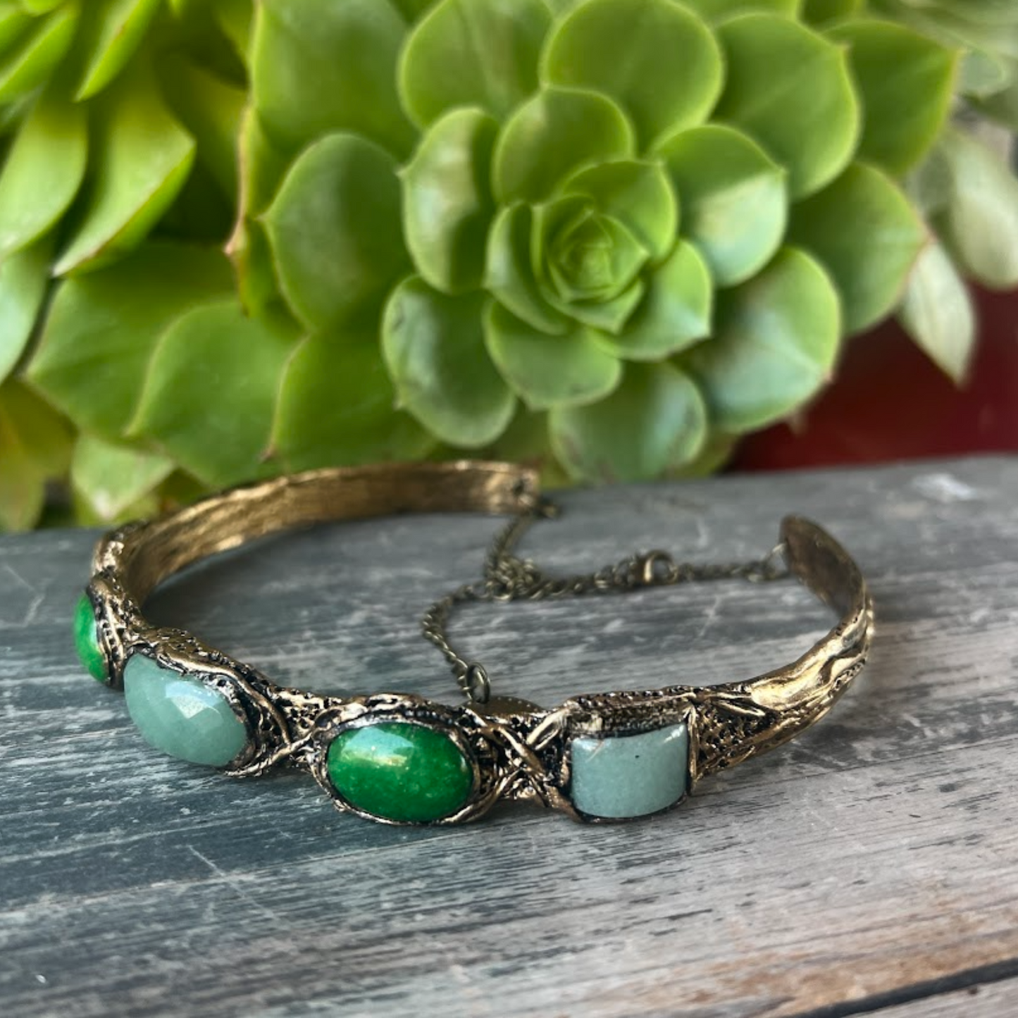 Green Aventurine & Jade Choker Necklace, Statement Crystal Jewelry