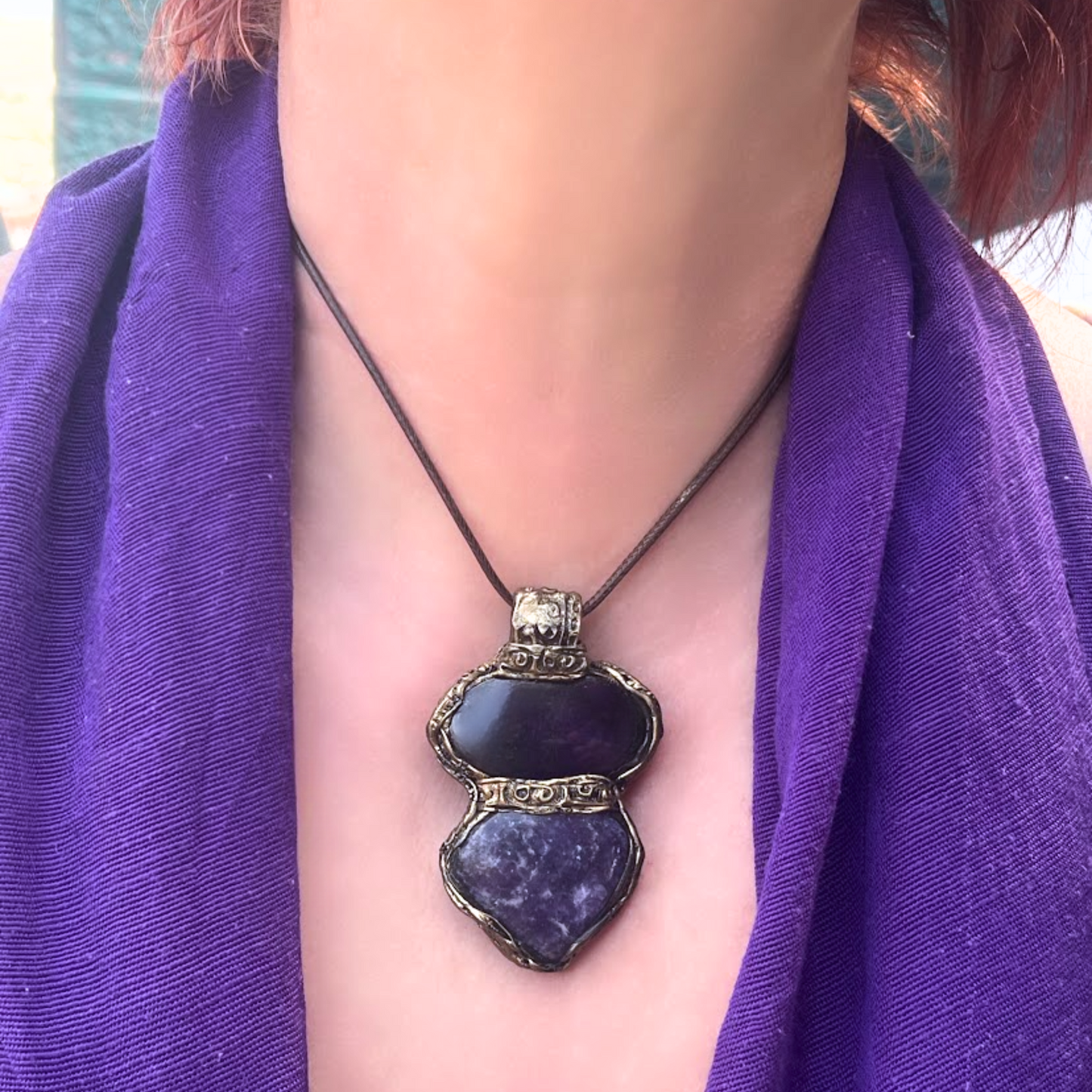 Lepidolite and Purpurite Gemstone Necklace with Large Purple Pendant