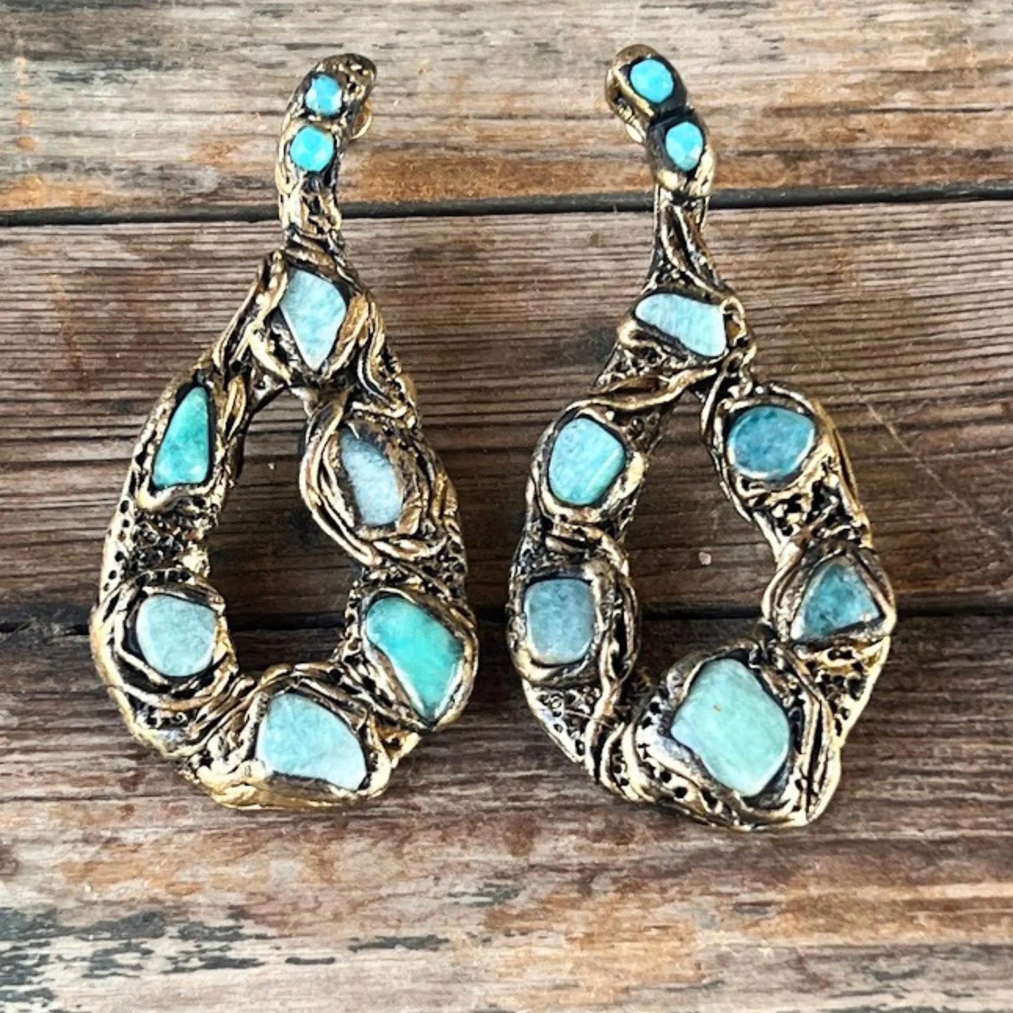 Large Turquoise Earrings with Amazonite - Oval Hoop Gemstone Jewelry