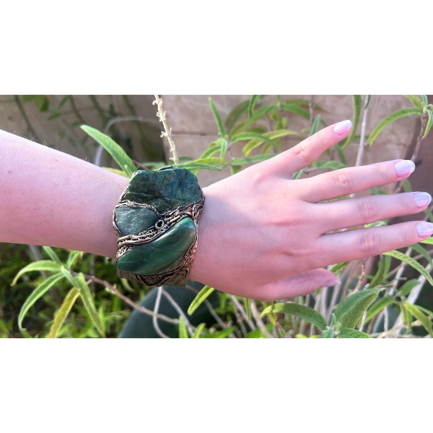Green Gemstone Cuff Bracelet with Aventurine & Buddstone - Unique Statement Jewelry