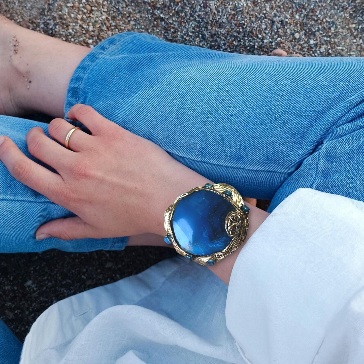 Large Cuff Blue Agate Bracelet – Chunky Gemstone Statement Jewelry