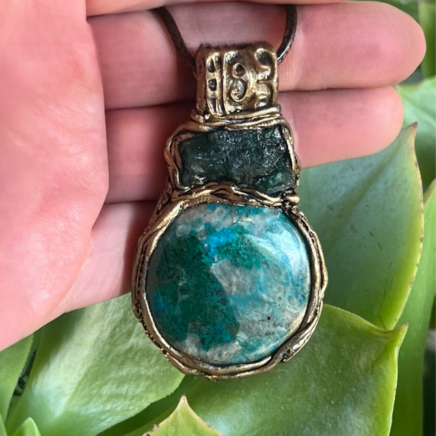 Raw Emerald and Chrysocolla Necklace - Green Blue Crystal Pendant
