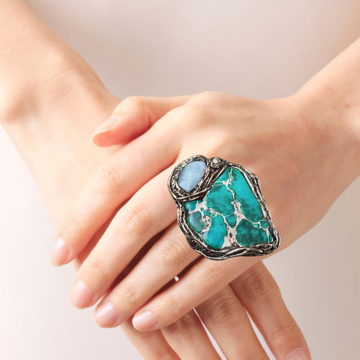 Bold Chunky Jasper Amazonite Ring - Statement Cocktail Jewelry