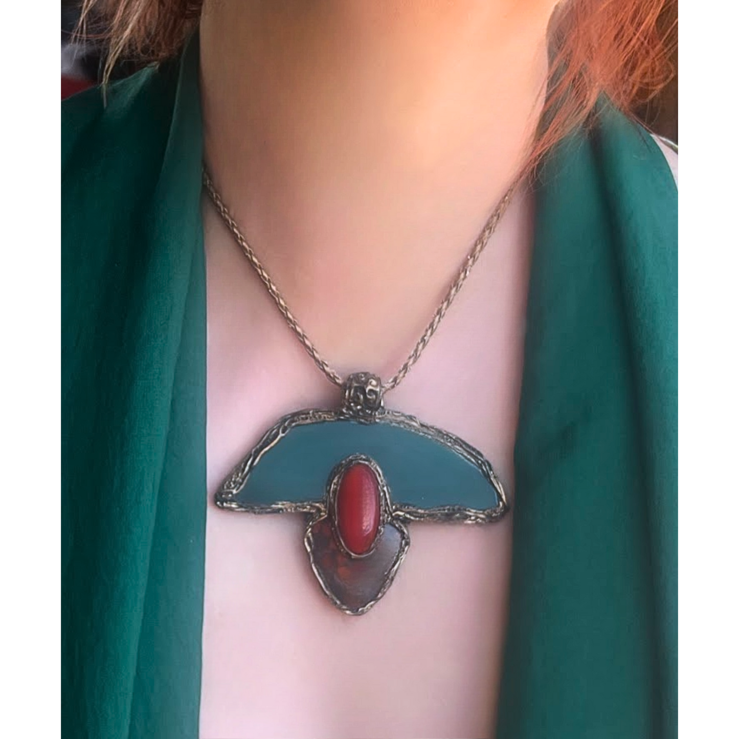 Chunky Green Red Crystal Pendant - Agate Poppy Jasper & Coral Necklace