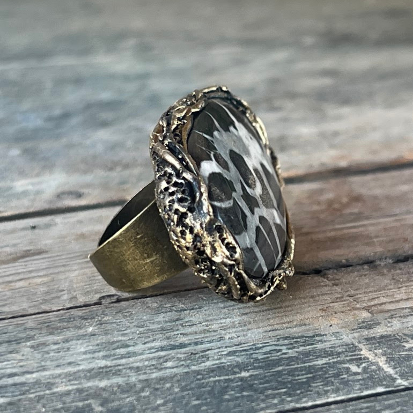 Statement Black Septarian Ring - Chunky Gemstone Cocktail Ring