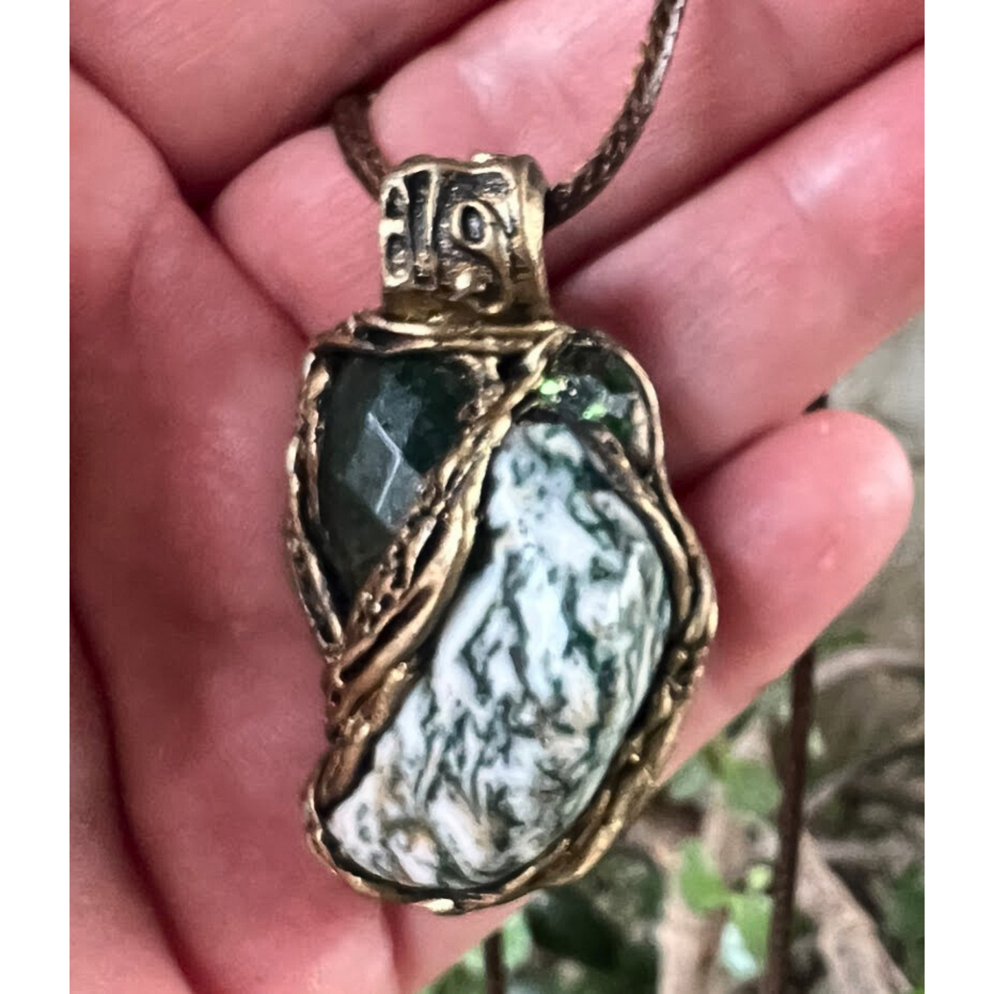 Tree Agate and Jade Pendant Necklace, Green Stone Amulet