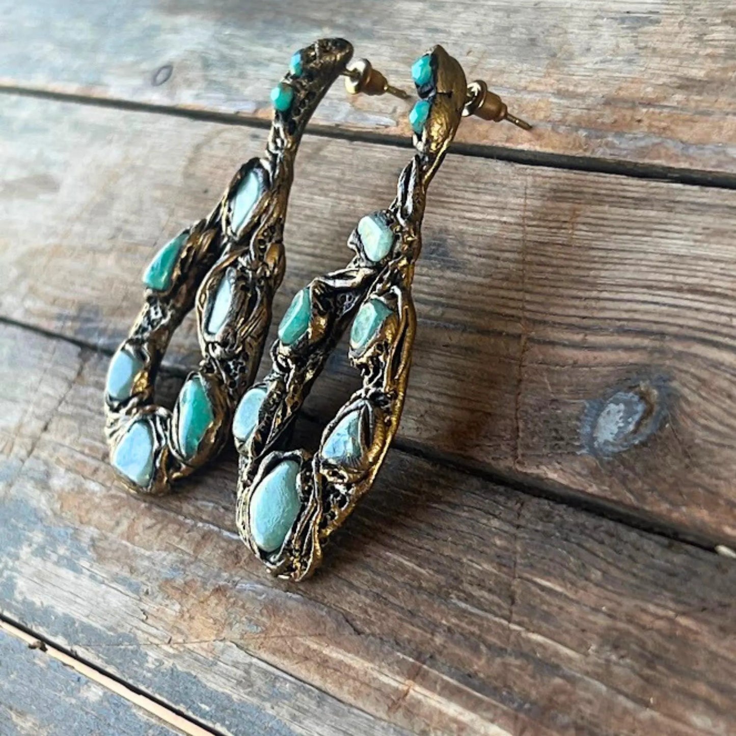 Large Turquoise Earrings with Amazonite - Oval Hoop Gemstone Jewelry