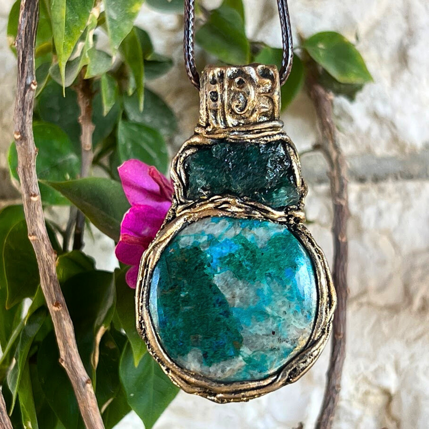 Raw Emerald and Chrysocolla Necklace - Green Blue Crystal Pendant