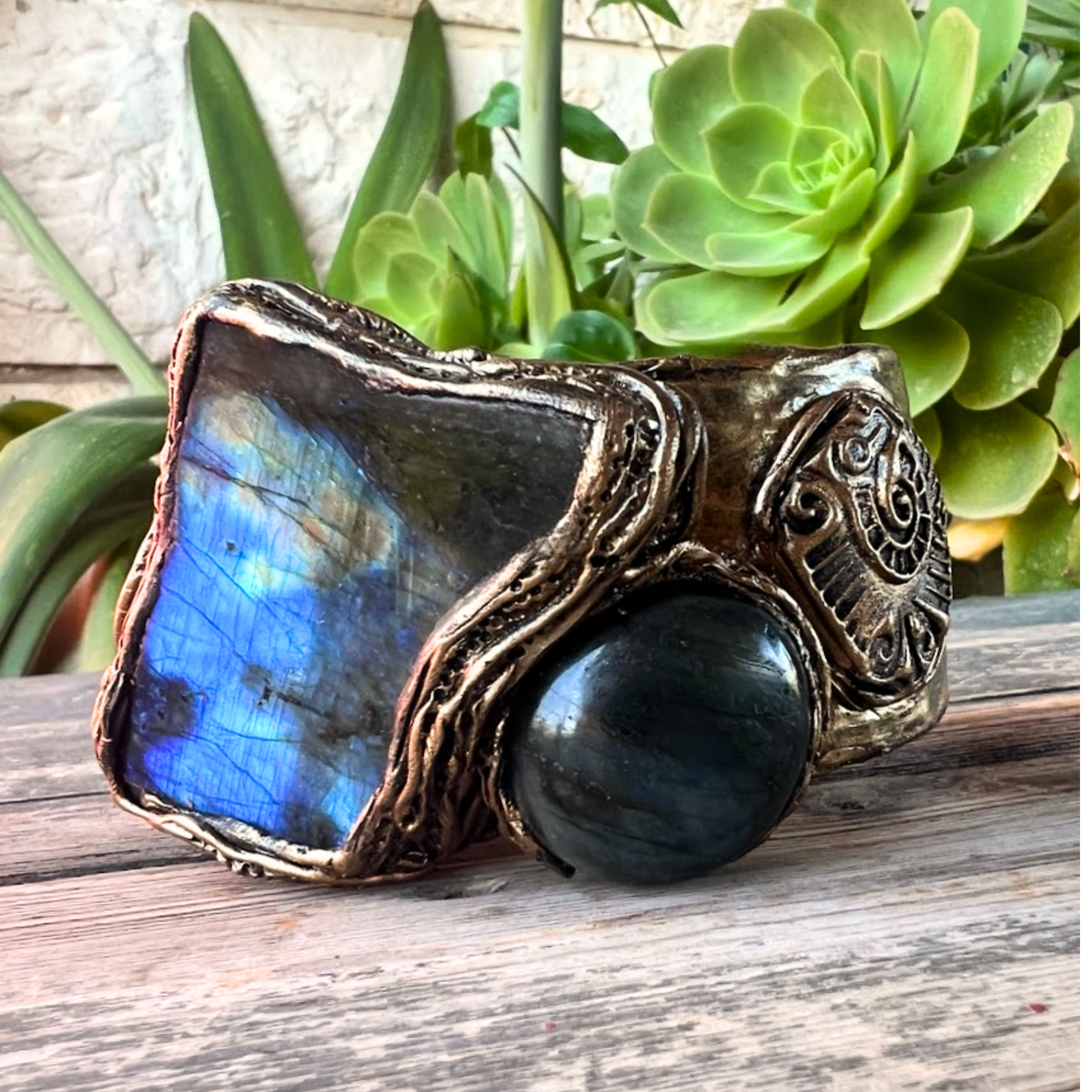 Blue Labradorite Statement Bracelet - Chunky Gemstone Cuff