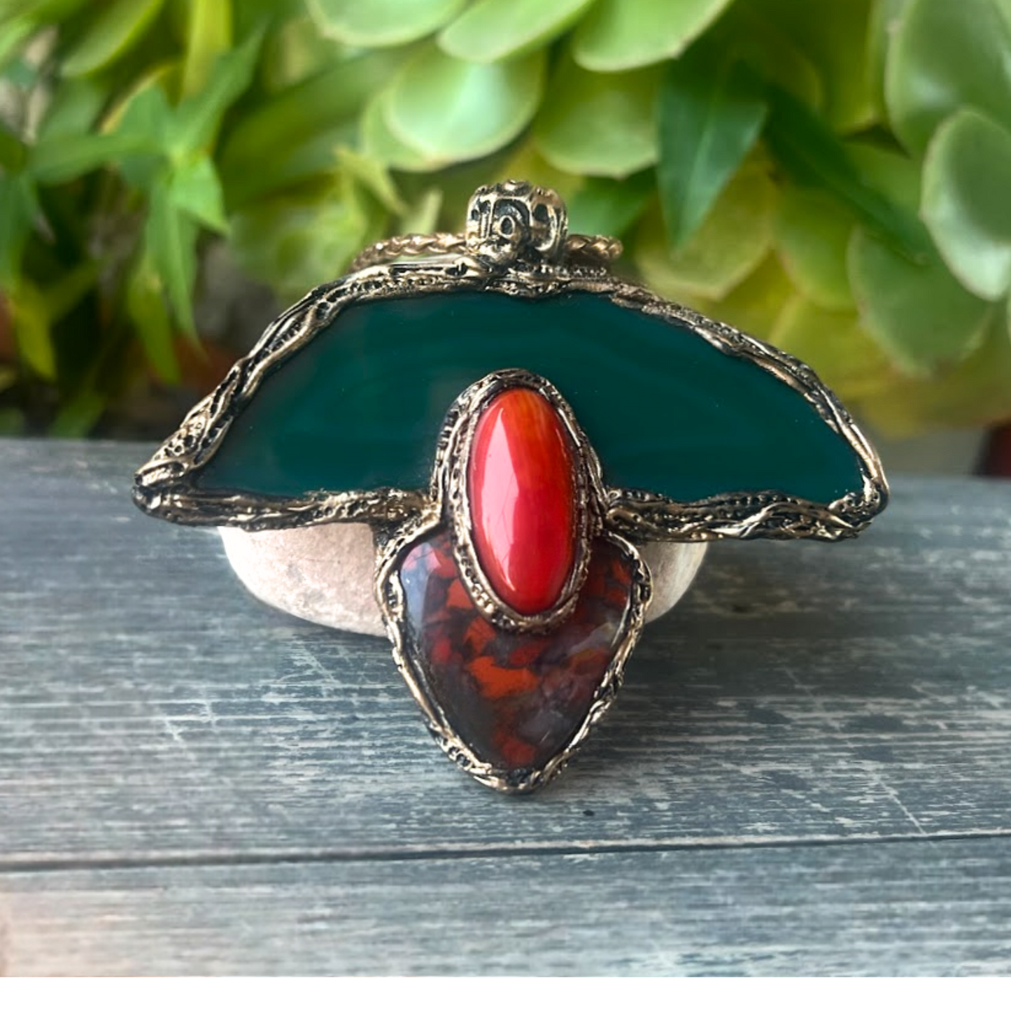Chunky Green Red Crystal Pendant - Agate Poppy Jasper & Coral Necklace