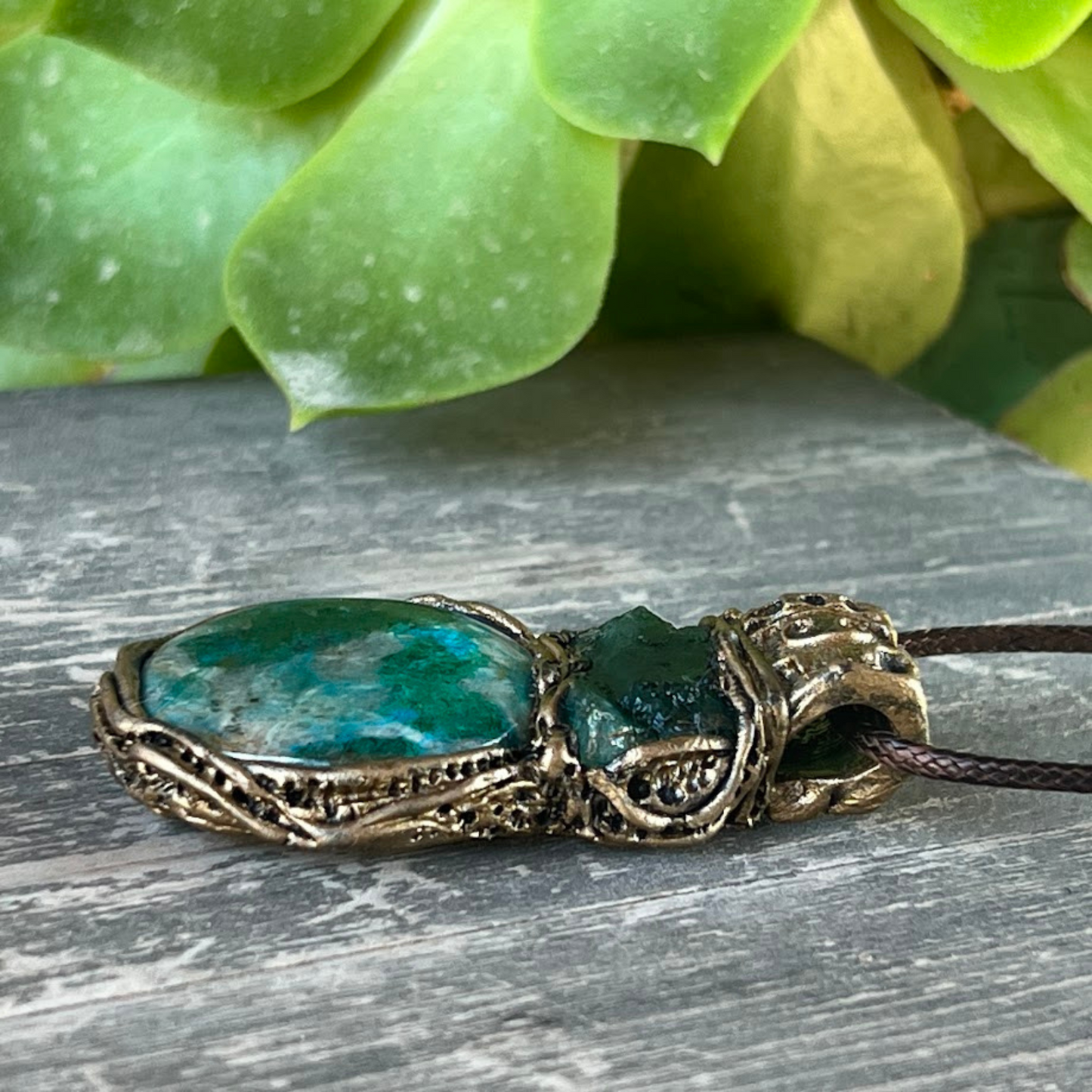 Raw Emerald and Chrysocolla Necklace - Green Blue Crystal Pendant