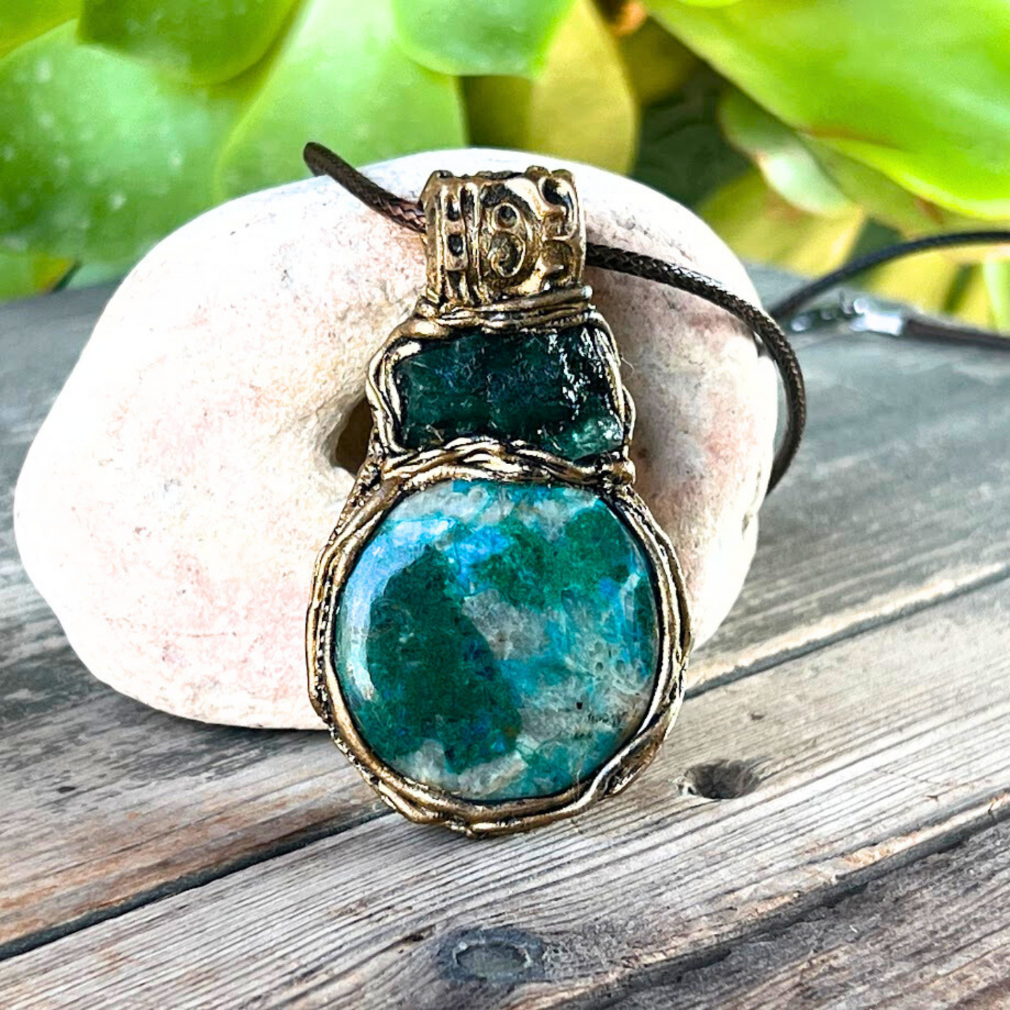 Raw Emerald and Chrysocolla Necklace - Green Blue Crystal Pendant