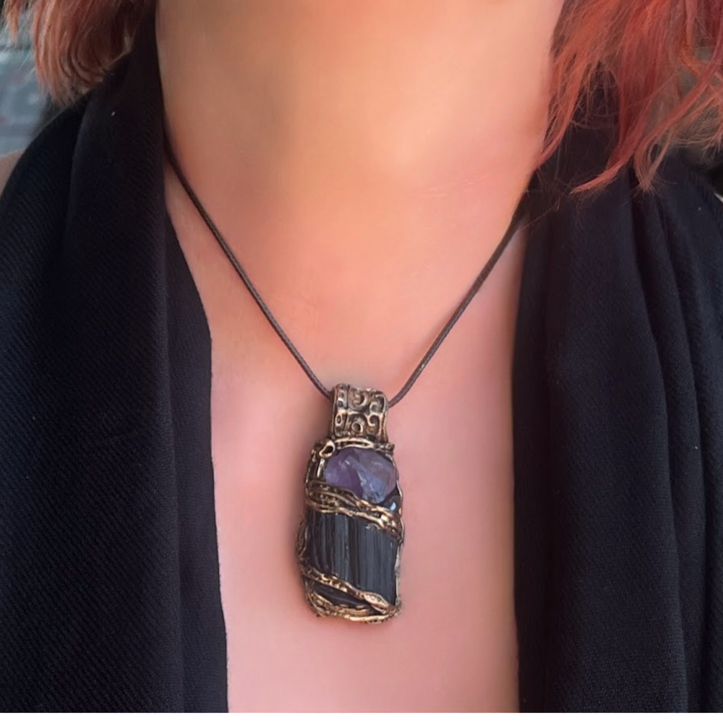 Empath Protection Amulet with Black Tourmaline & Amethyst Necklace - Spiritual Jewelry Gift