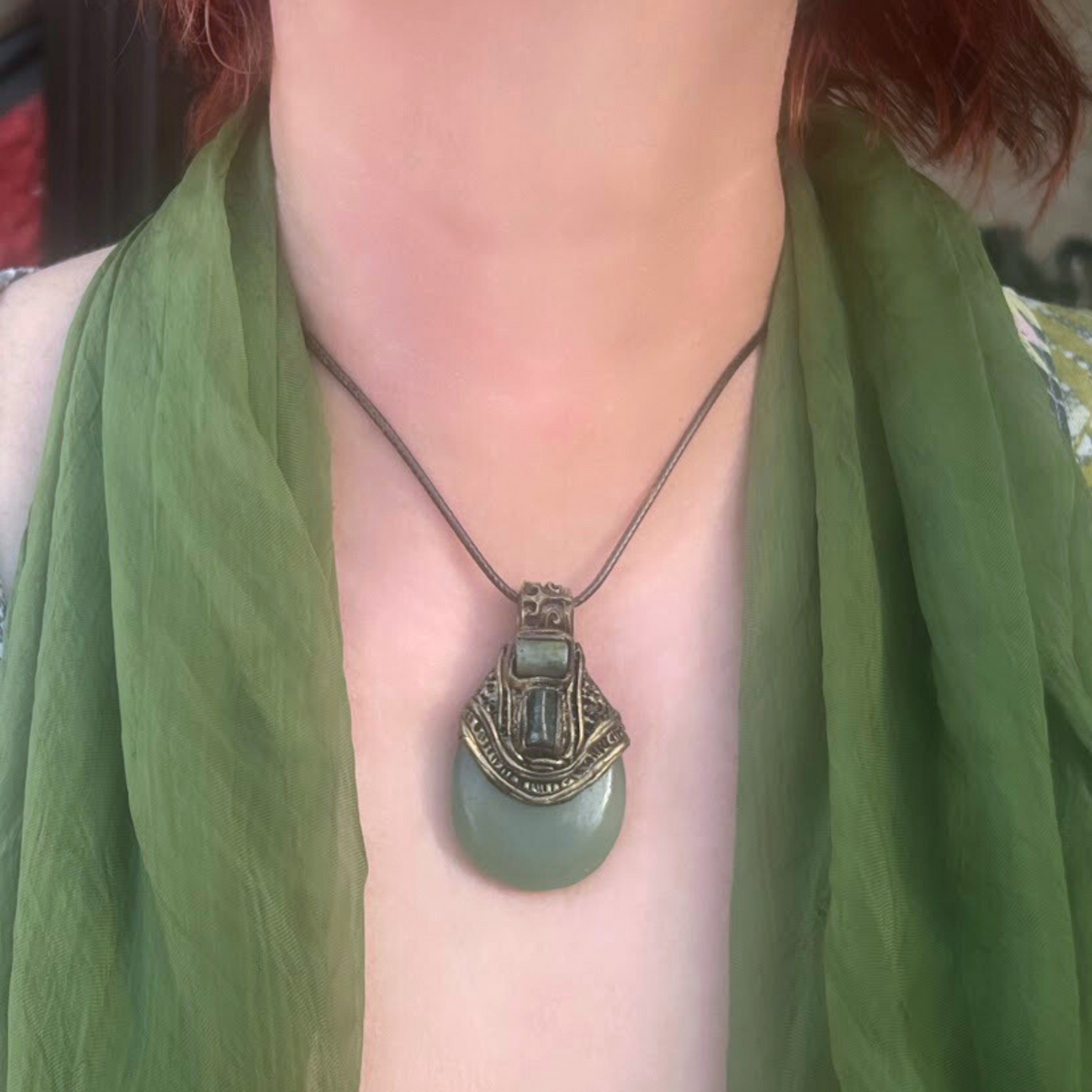 Chunky Green Aventurine Jade Gemstone Pendant - Statement Crystal Necklace