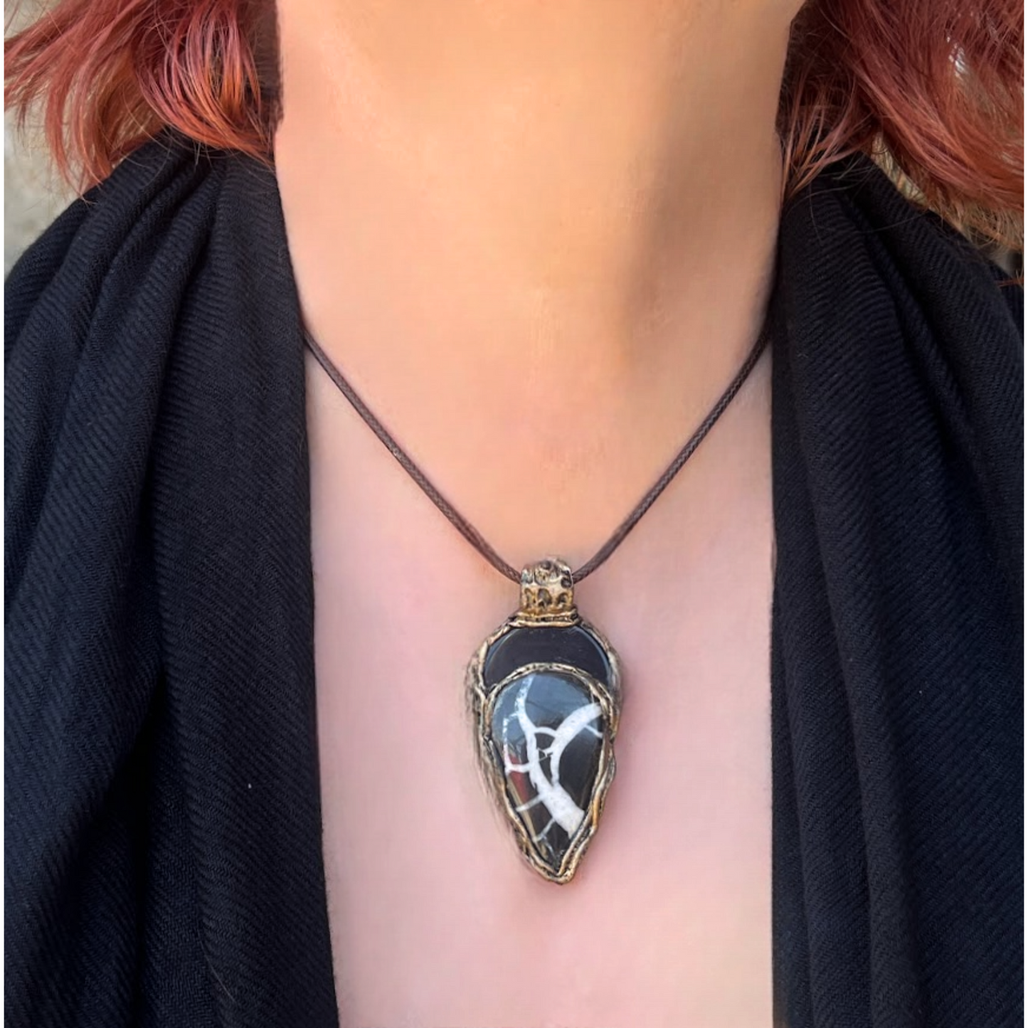 Obsidian Septarian Necklace, Empath Protection Pendant, Black and White Jewelry
