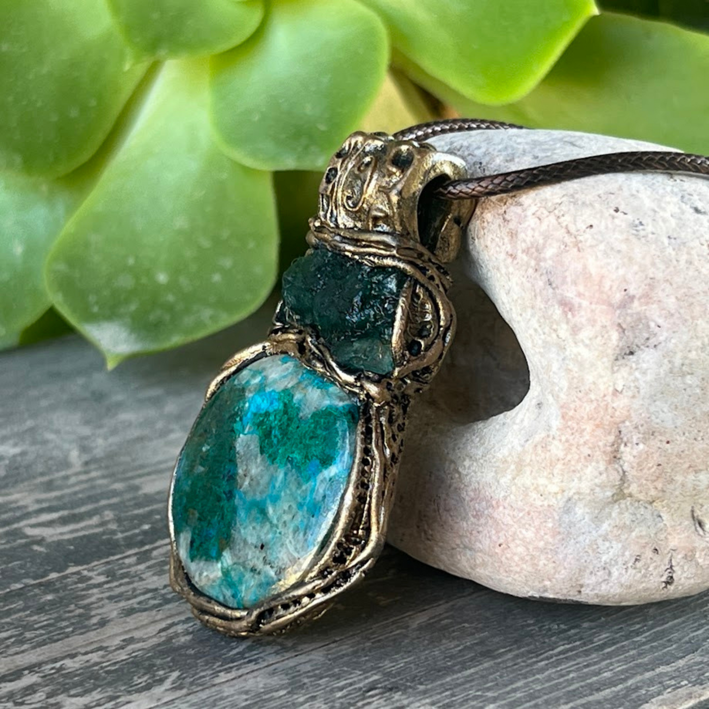 Raw Emerald and Chrysocolla Necklace - Green Blue Crystal Pendant