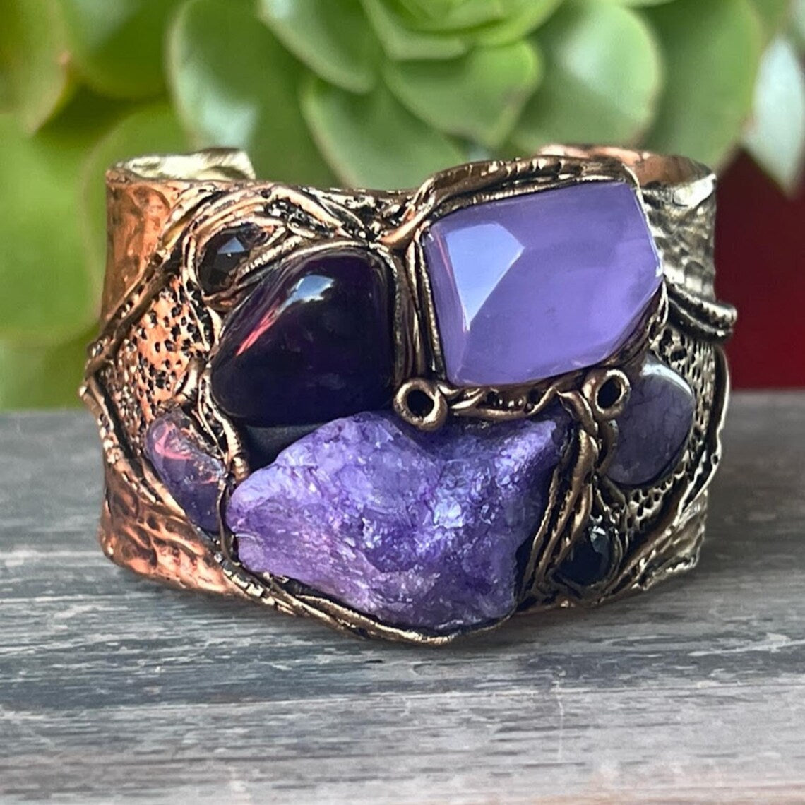 Purple Quartz, Agate & Chalcedony Wide Cuff Bracelet – Modern Statement Jewelry