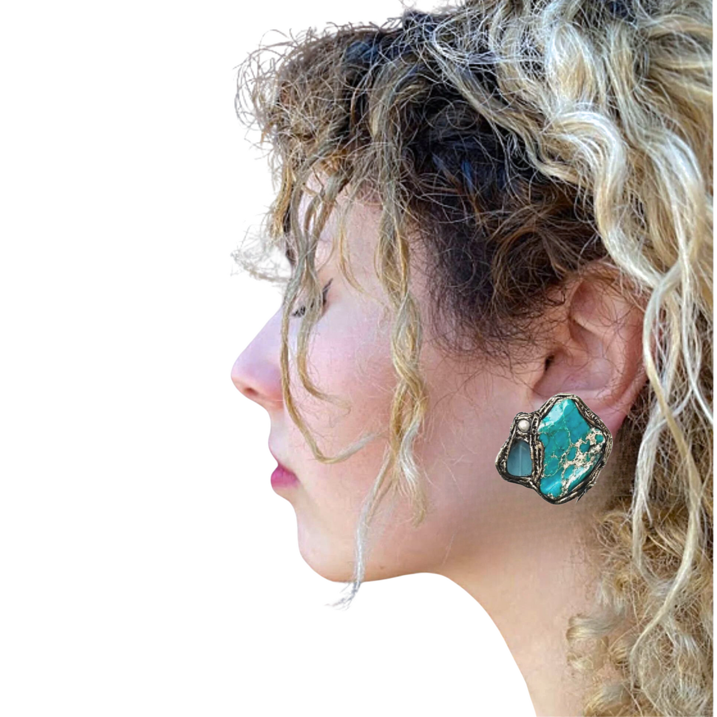 Turquoise Chalcedony Earrings with Pearls - Statement Bohemian Clip-On, Unique Gift for Her