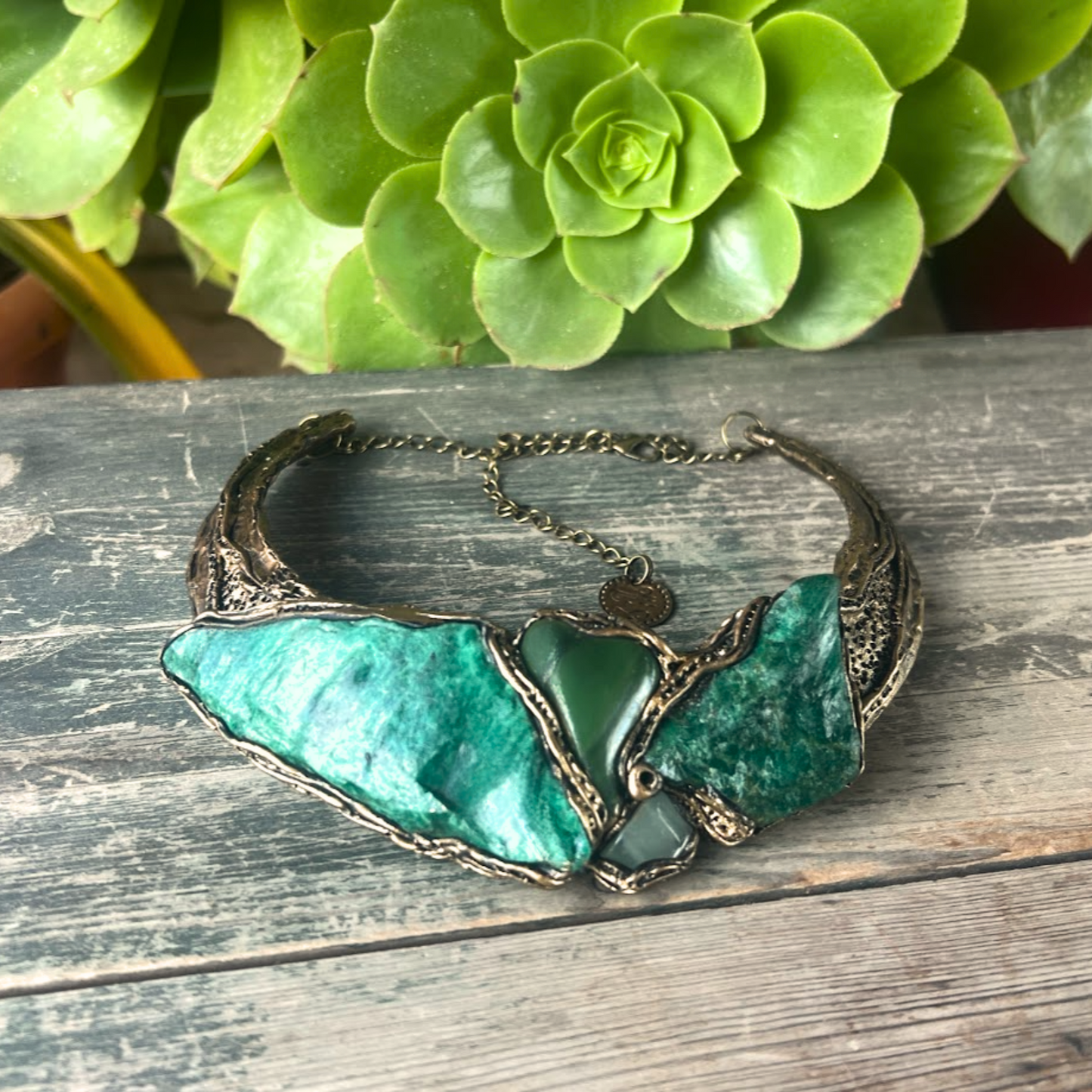 Green Gemstone Chunky Choker Collar Necklace | Aventurine & Buddstone Jewelry