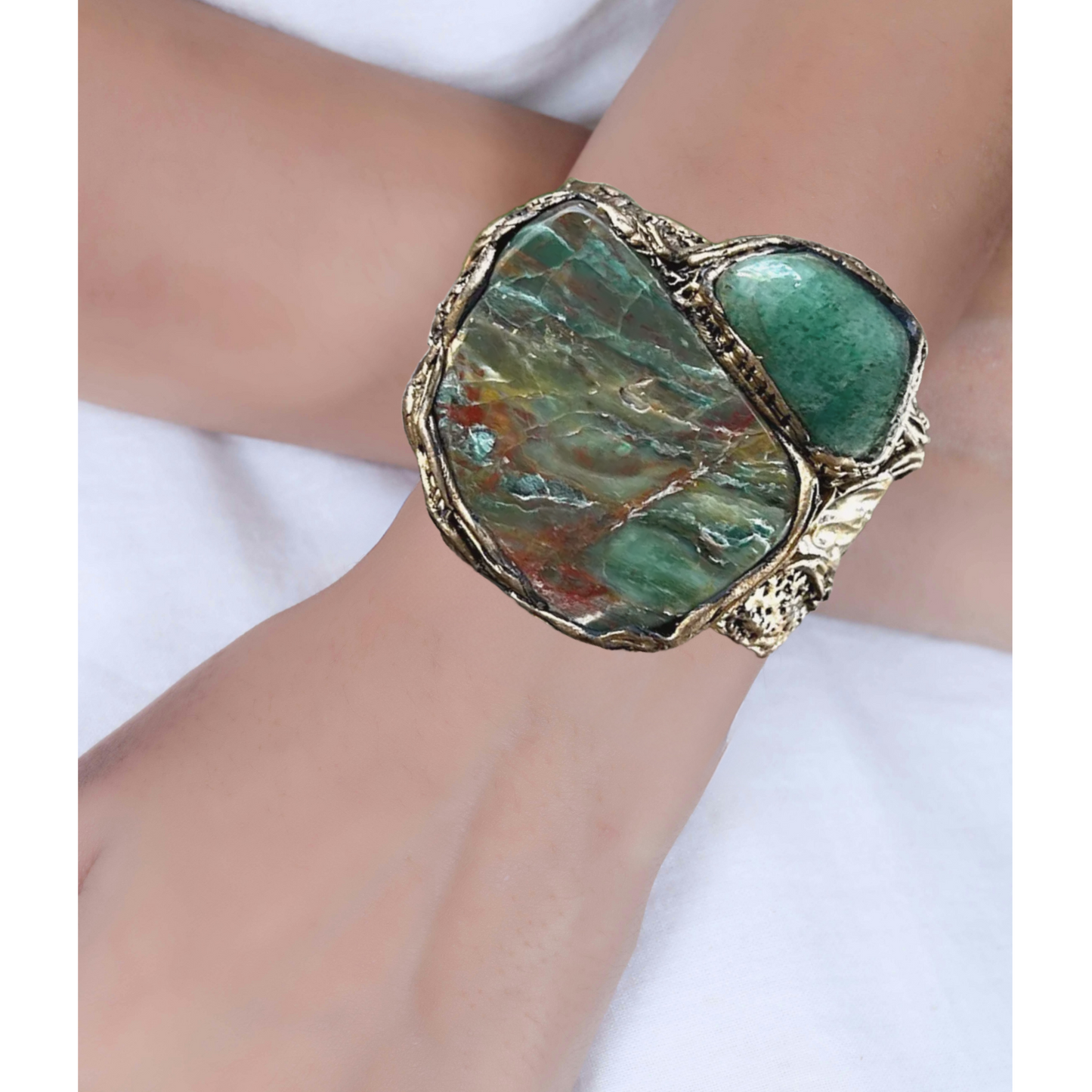 Green Gemstone Large Cuff Bracelet with Aventurine & Prasem