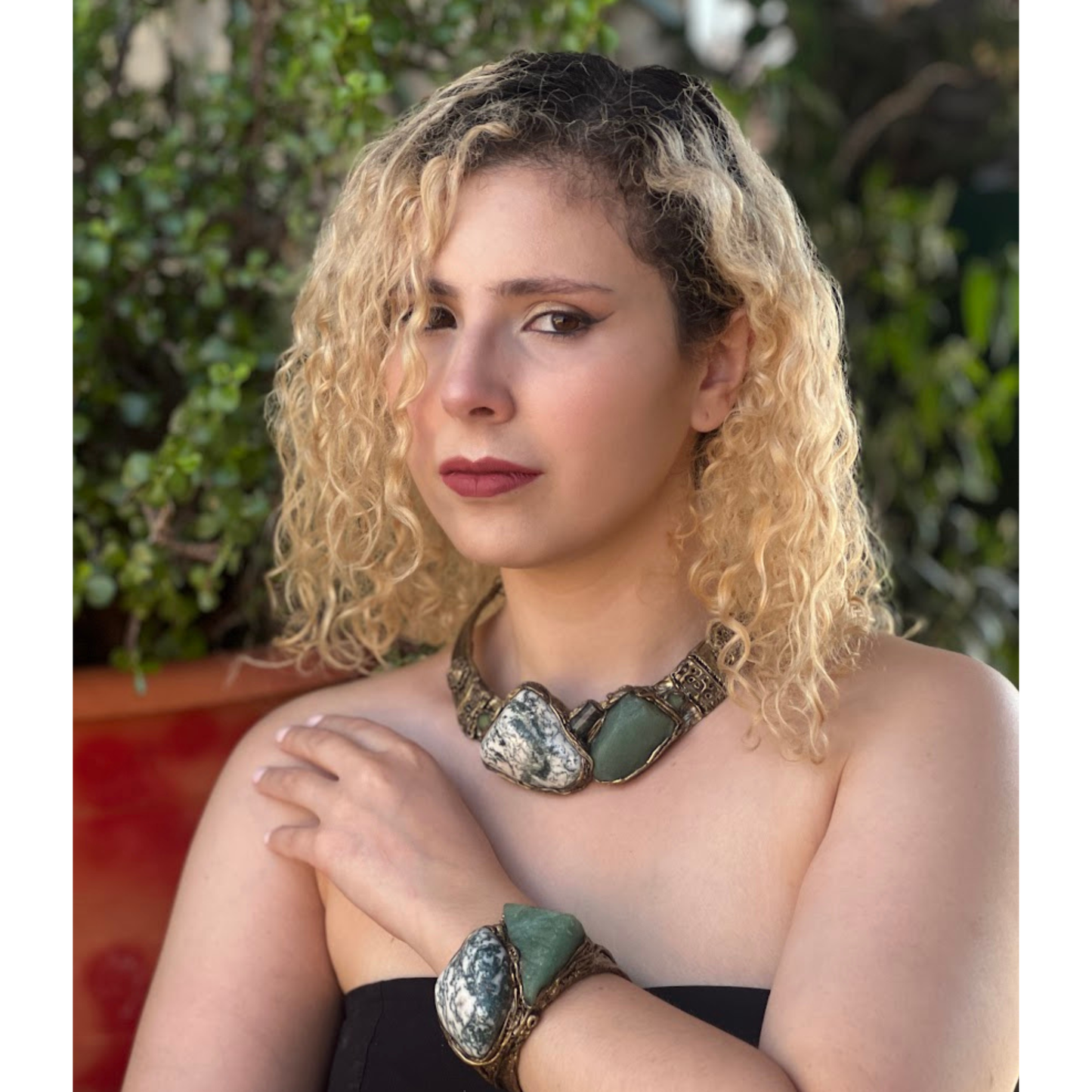Aventurine and Tree Agate Chunky Necklace – Green Stone Statement Choker