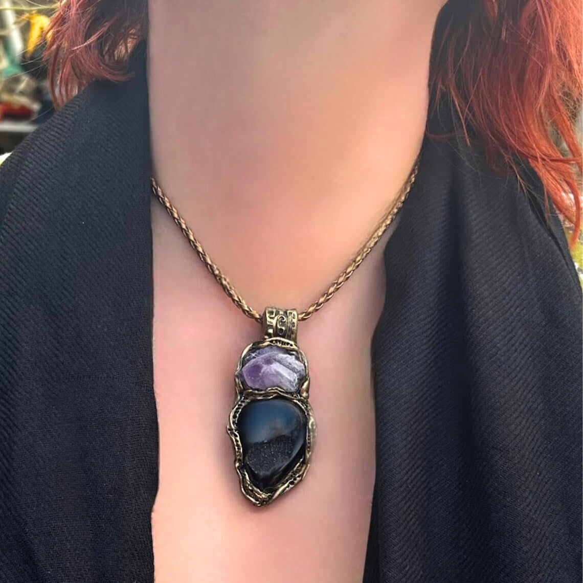 Raw Amethyst & Druzy Agate Necklace: Healing Crystal Pendant