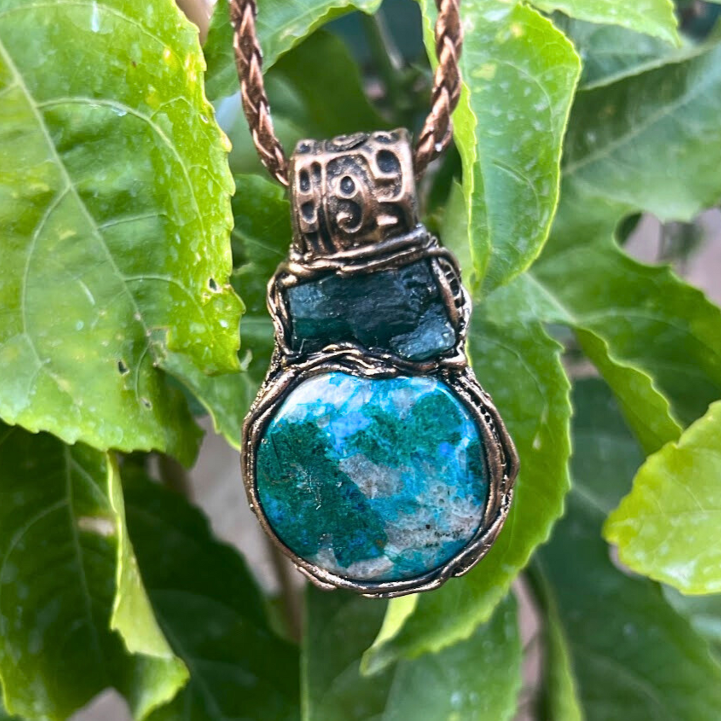 Raw Emerald and Chrysocolla Necklace - Green Blue Crystal Pendant