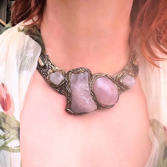 Rose Quartz Raw Crystal Chunky Boho Cuff Bracelet