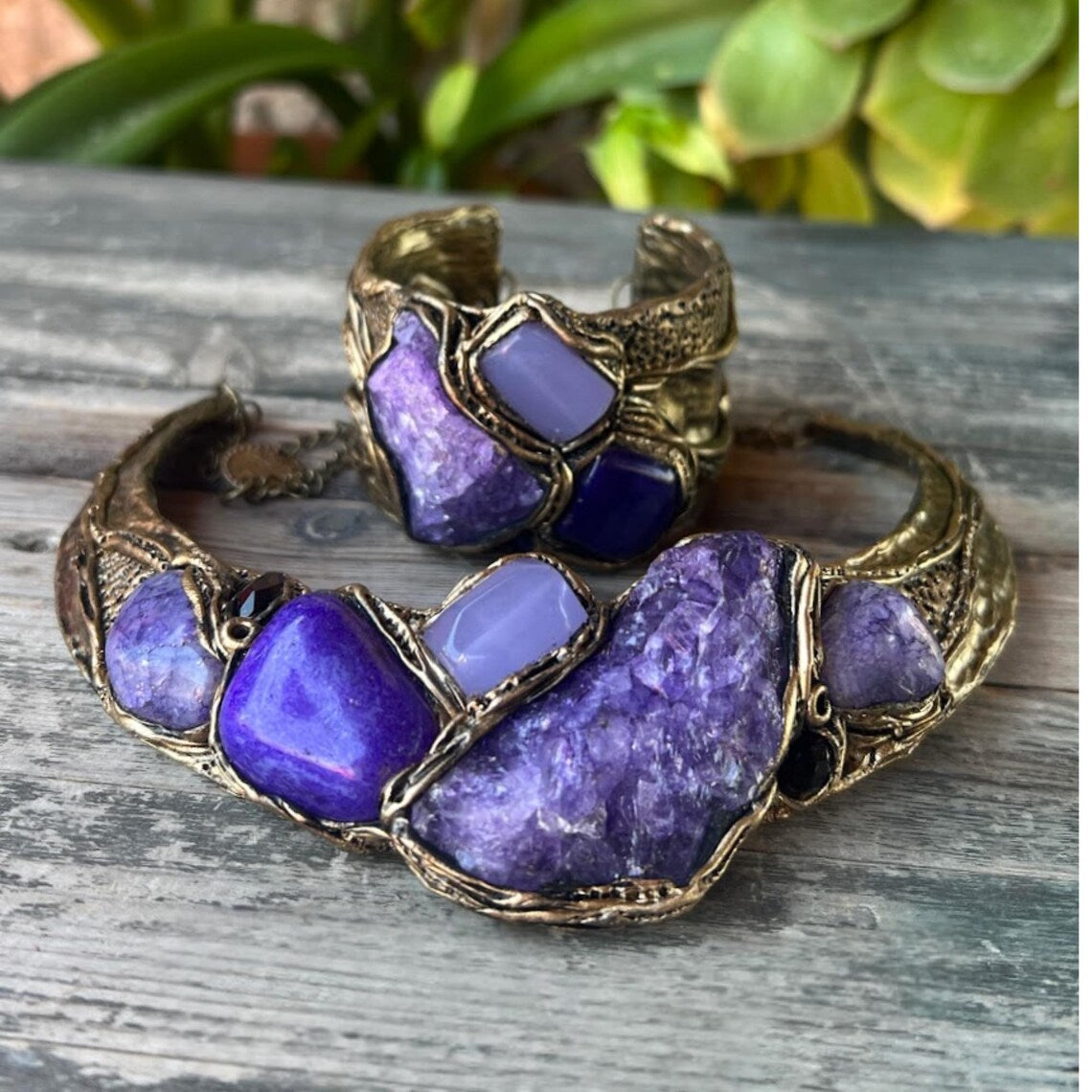 Purple Quartz, Agate & Chalcedony Wide Cuff Bracelet – Modern Statement Jewelry