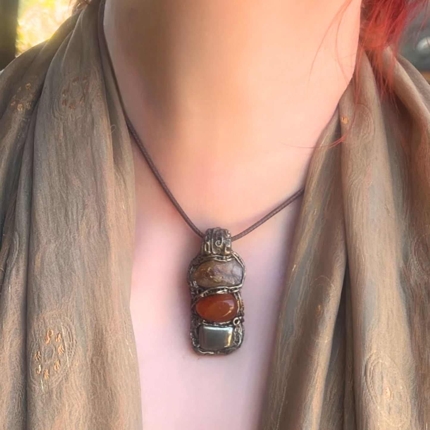 Raw Citrine, Pyrite, and Carnelian Good Luck Pendant Necklace, Raw Crystal Wealth Amulet