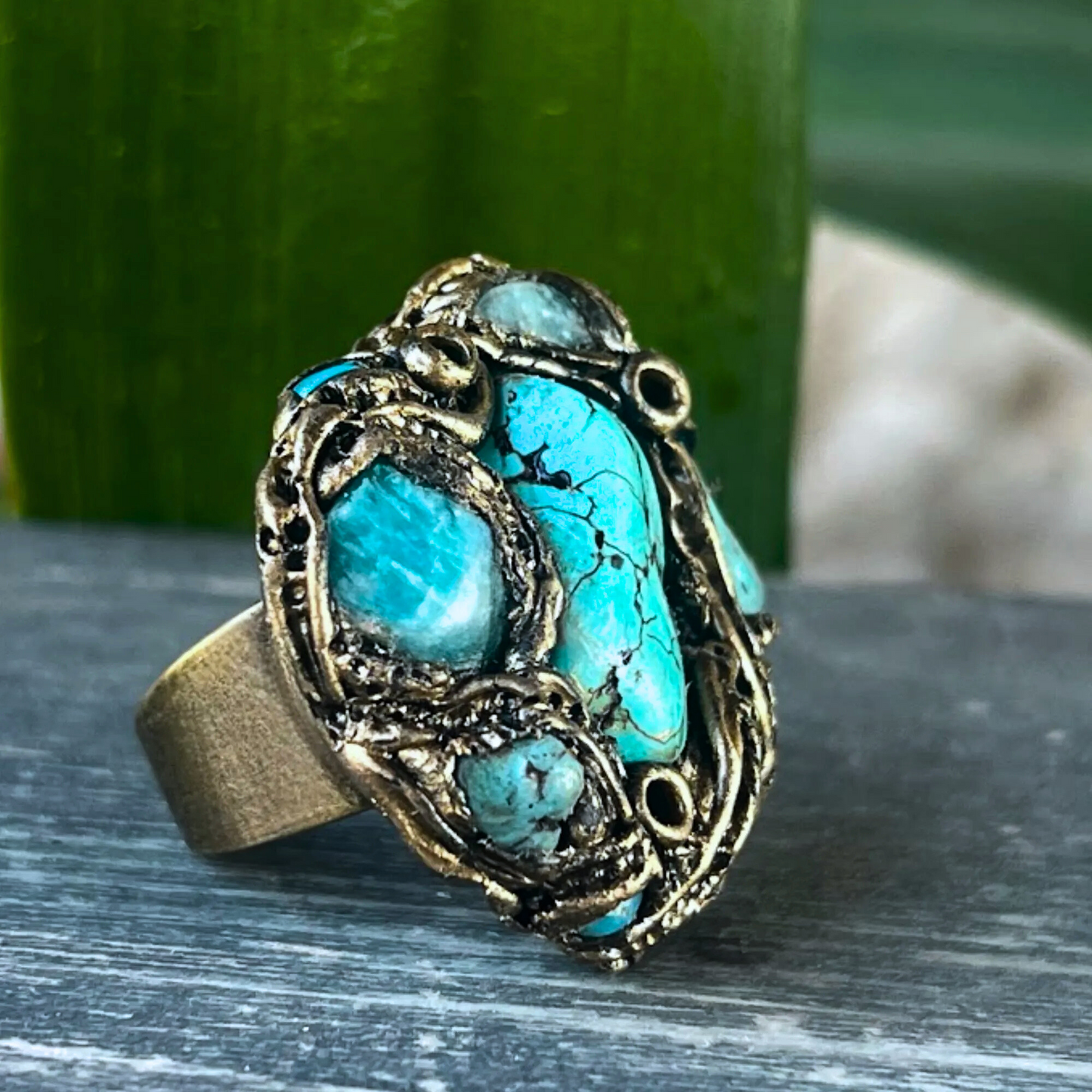 Turquoise Ring with Amazonite , Large Gemstone Cocktail Ring