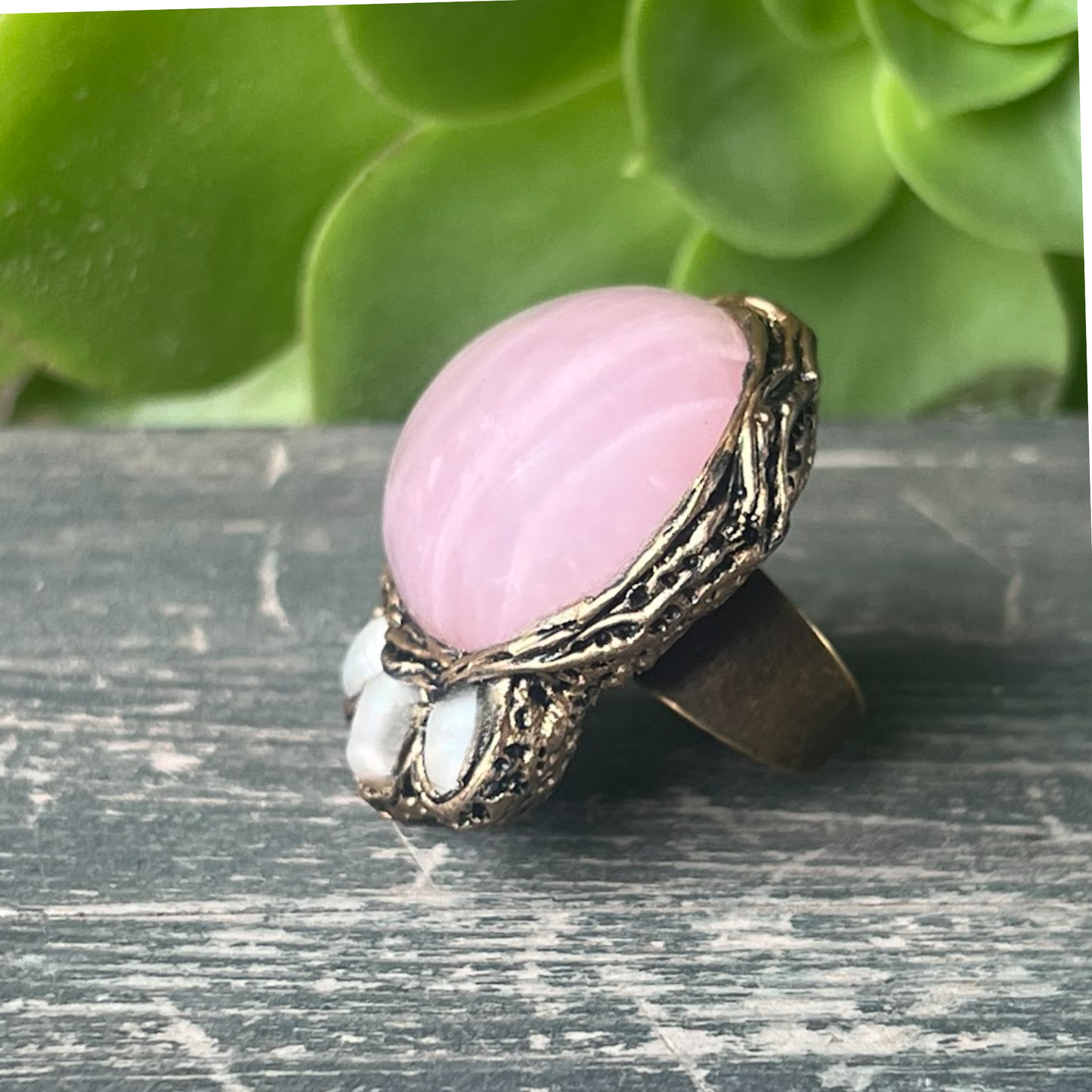 Rose Quartz Crystal Chunky Ring with Pearls, Statement Cocktail Ring