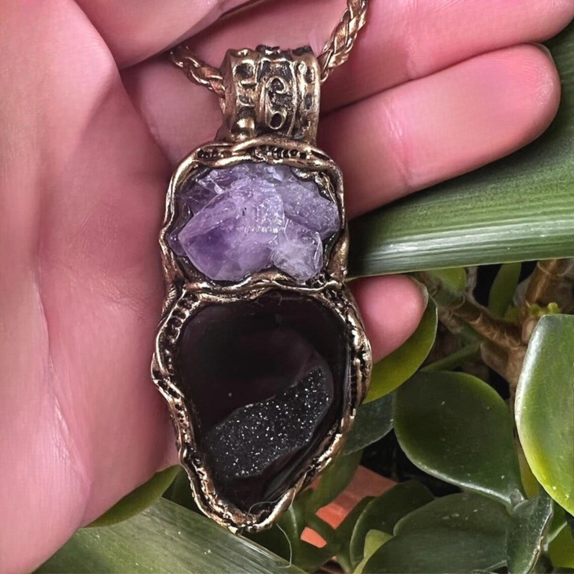 Raw Amethyst & Druzy Agate Necklace: Healing Crystal Pendant