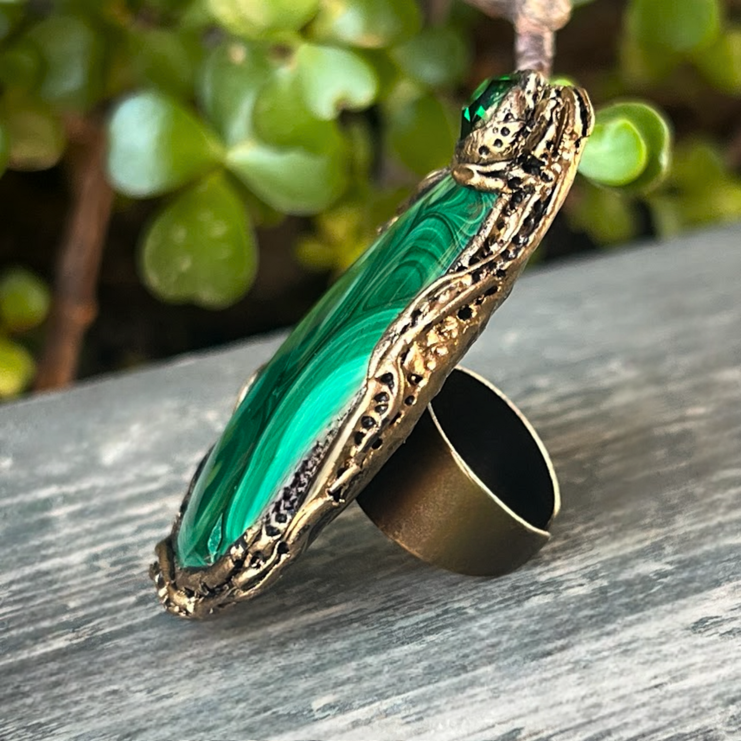 Large Malachite Green Stone Ring - Bold Statement Cocktail Ring