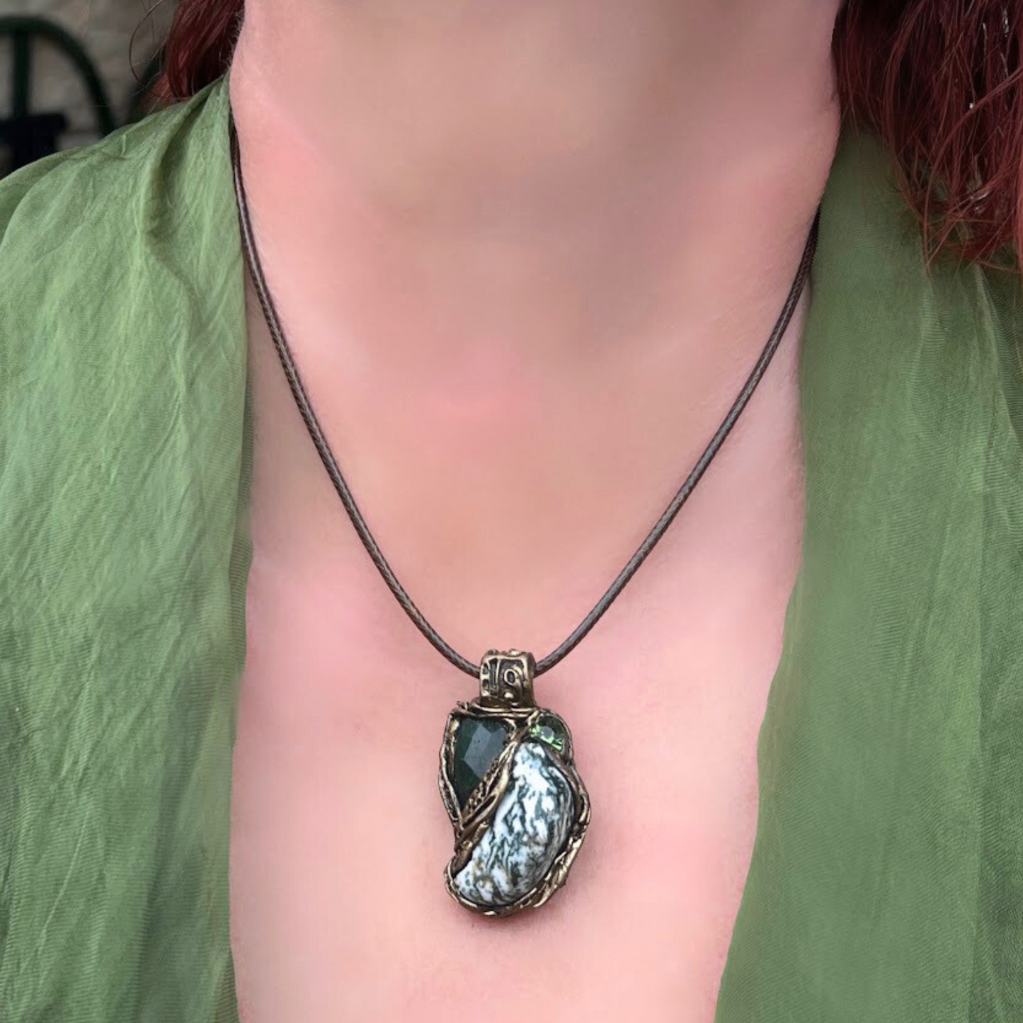 Tree Agate and Jade Pendant Necklace, Green Stone Amulet