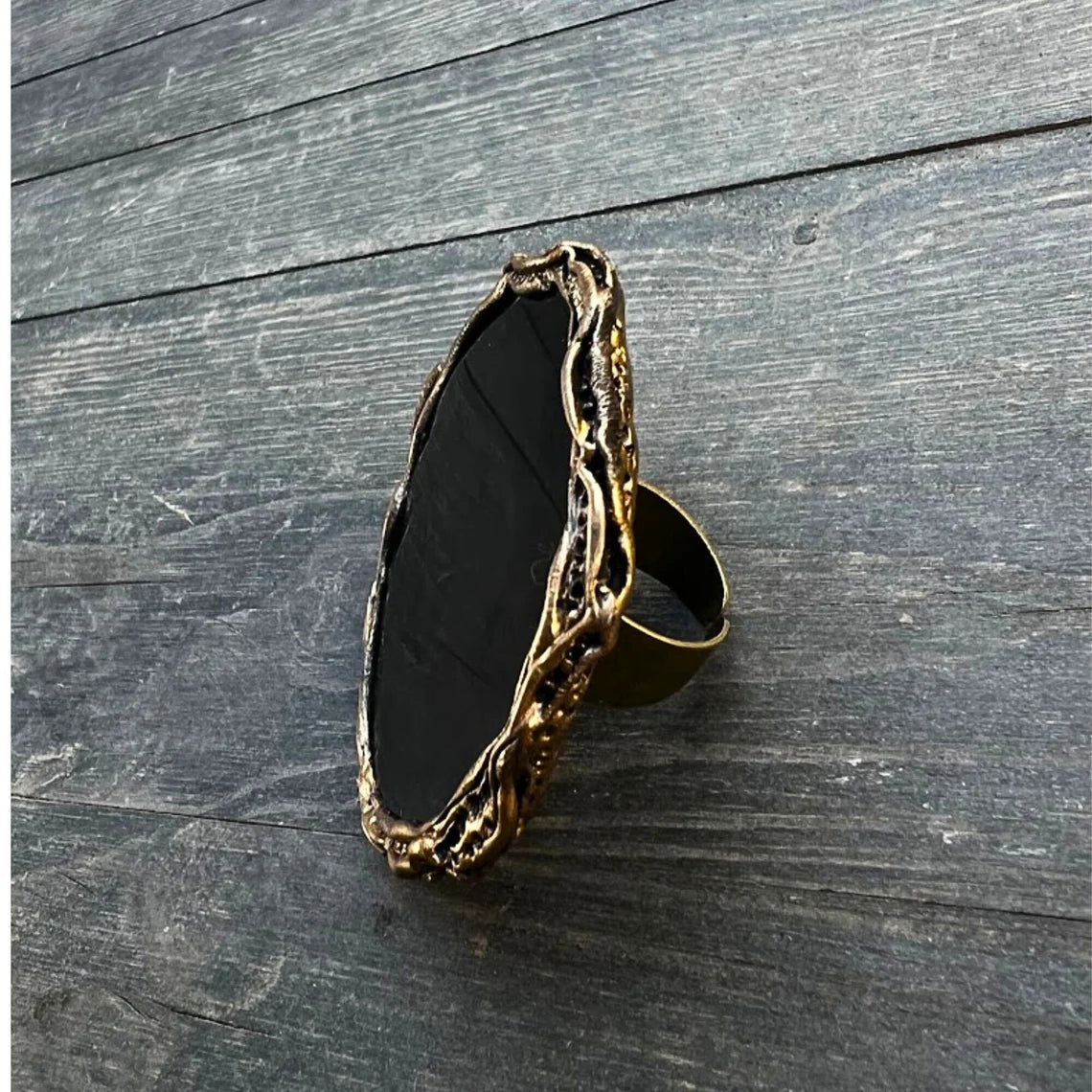 Chunky Black Obsidian Large Stone Ring, A Big Oversized Cocktail Ring for Bold Elegance