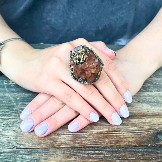 Aragonite Raw Crystal Chunky Ring, Large Stone Statement Ring for Grounding and Harmony