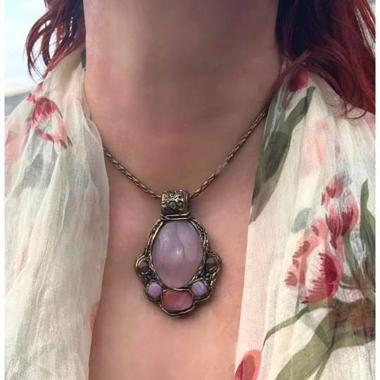 Rose quartz pink stone amulet necklace