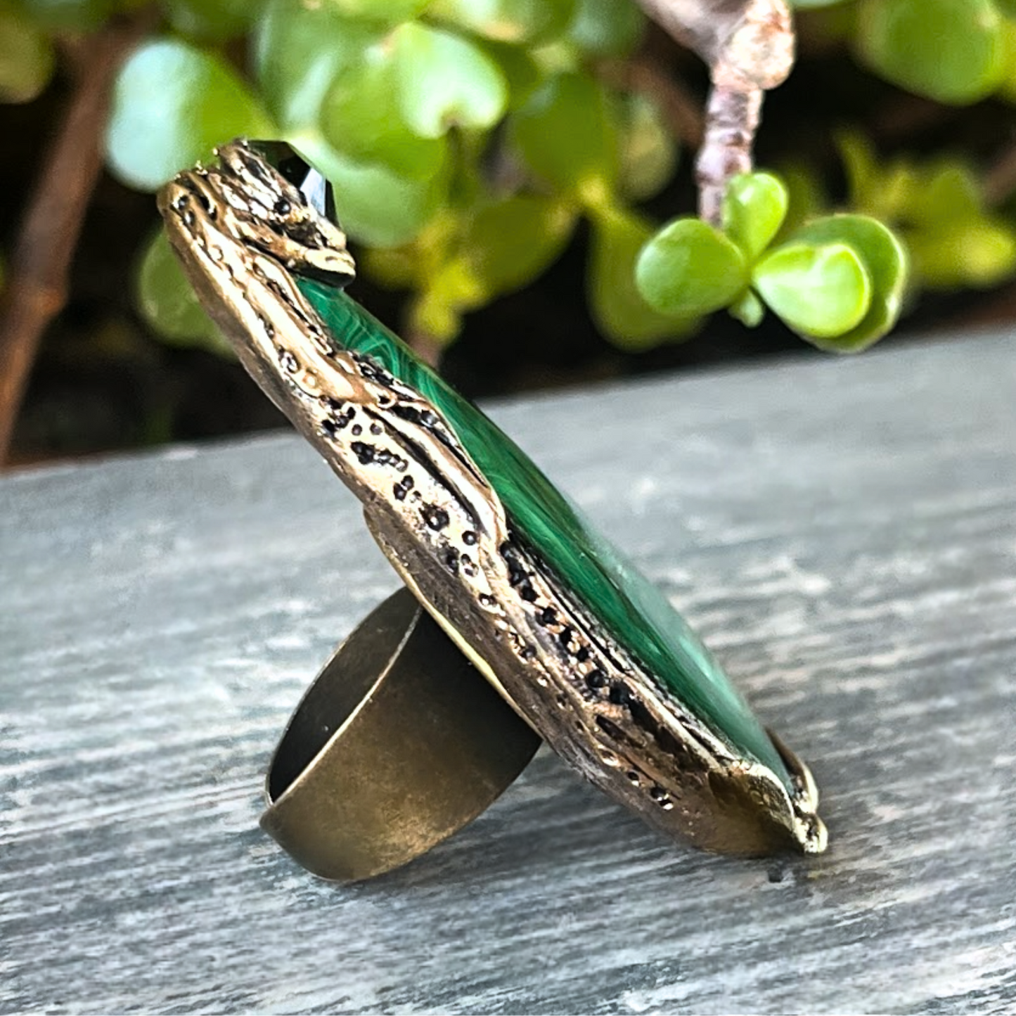 Large Malachite Green Stone Ring - Bold Statement Cocktail Ring
