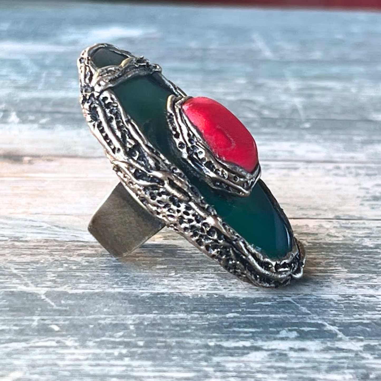 Green & Red Stone Statement Ring with Agate & Coral - Chunky Bold Cocktail Jewelry